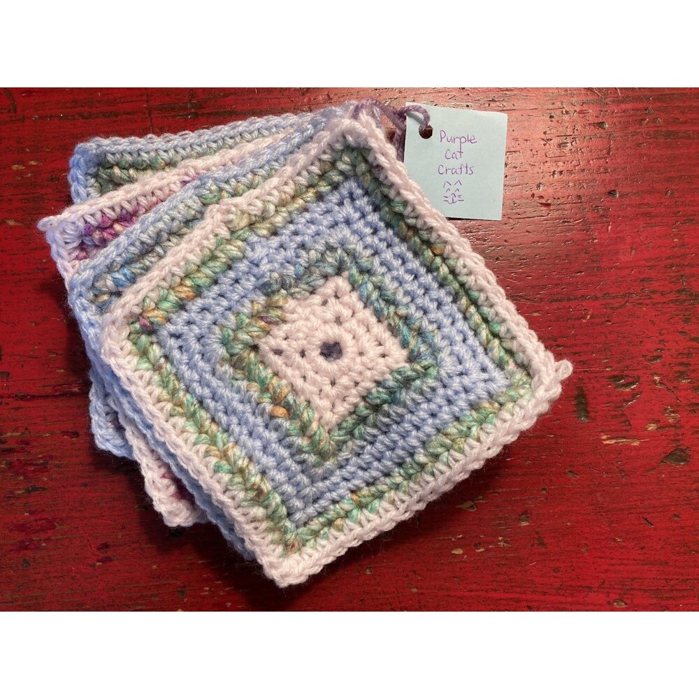 PURPLE CAT CRAFTS Handmade Crocheted Coasters Lot of 4 Green Blue Colorful